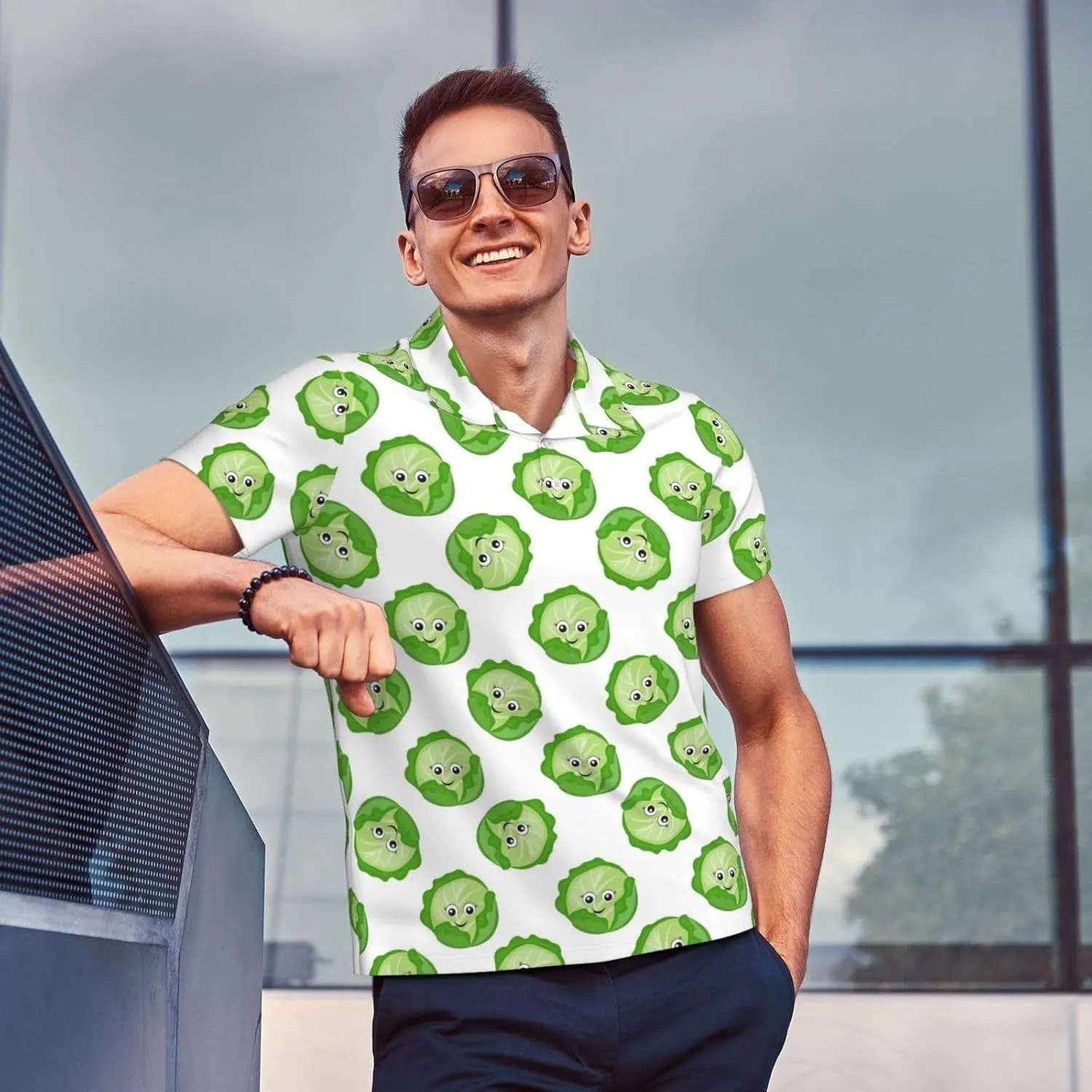 Polo Shirts for Men - Bright Cabbage Cute Eyes Funny Casual Short Sleeve Button Down Mens Polo Golf Shirts