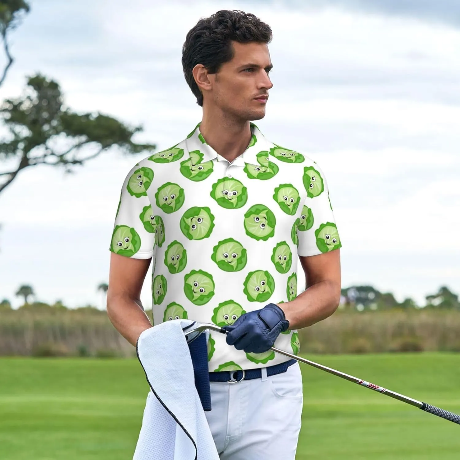 Polo Shirts for Men - Bright Cabbage Cute Eyes Funny Casual Short Sleeve Button Down Mens Polo Golf Shirts