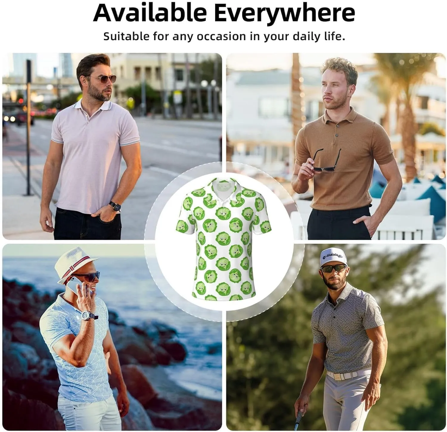 Polo Shirts for Men - Bright Cabbage Cute Eyes Funny Casual Short Sleeve Button Down Mens Polo Golf Shirts