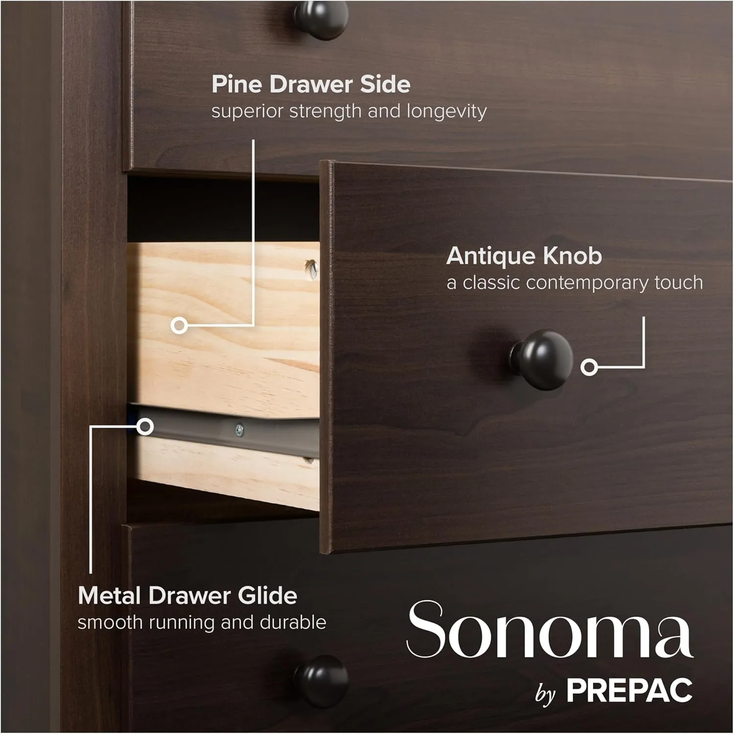 Prepac Sonoma Superior 5-Drawer Chest for Bedroom - Spacious and Stylish Chest of Drawers, Measuring 17.75"D x 31.5"W x 44.75"H, In Espresso Finish