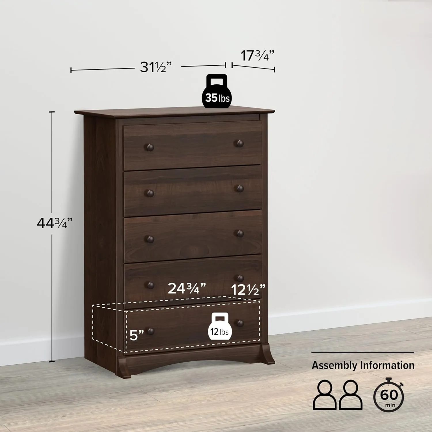 Prepac Sonoma Superior 5-Drawer Chest for Bedroom - Spacious and Stylish Chest of Drawers, Measuring 17.75"D x 31.5"W x 44.75"H, In Espresso Finish