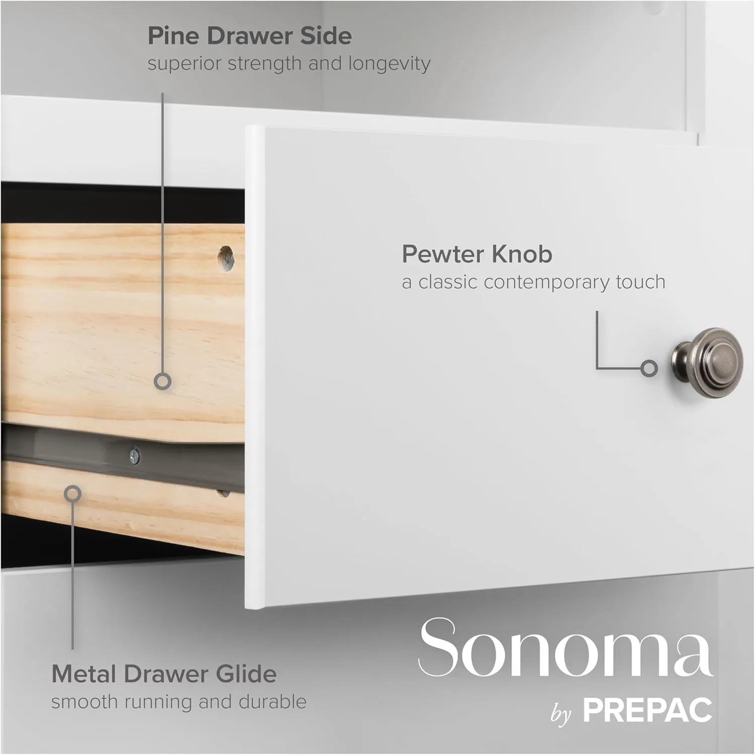 Prepac Sonoma Superior 5-Drawer Chest for Bedroom - Spacious and Stylish Chest of Drawers, Measuring 17.75"D x 31.5"W x 44.75"H, In White Finish