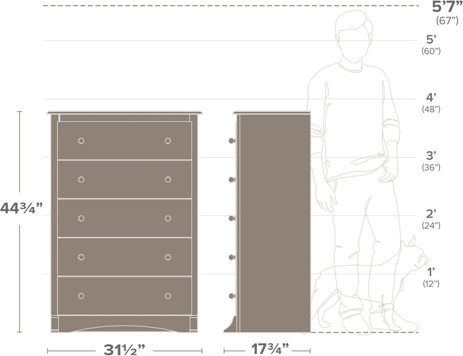 Prepac Sonoma Superior 5-Drawer Chest for Bedroom - Spacious and Stylish Chest of Drawers, Measuring 17.75"D x 31.5"W x 44.75"H, In White Finish