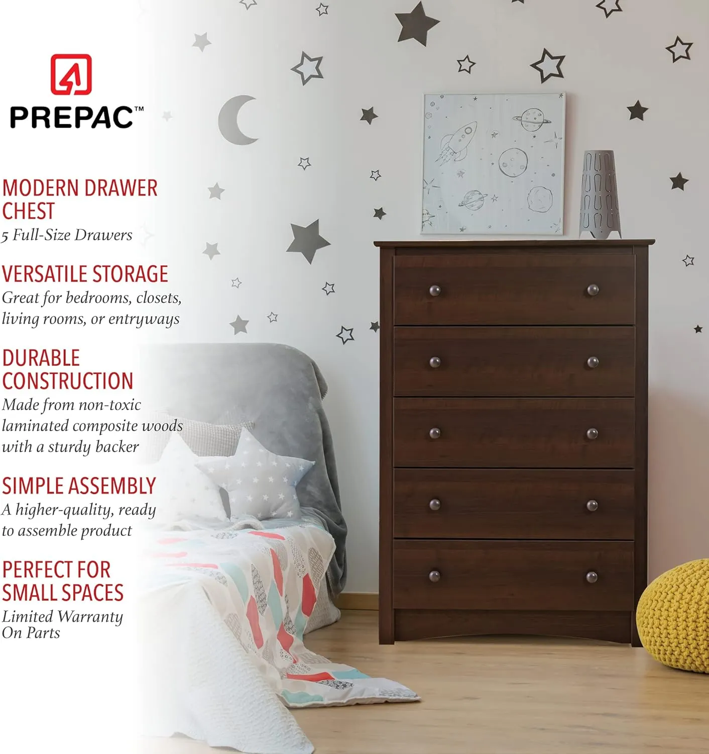 Prepac Sonoma Traditional 5-Drawer Tall Dresser for Bedroom, Functional Bedroom Dresser & Fremont Superior 5-Drawer Chest for Bedroom - Spacious and Stylish Chest of Drawers