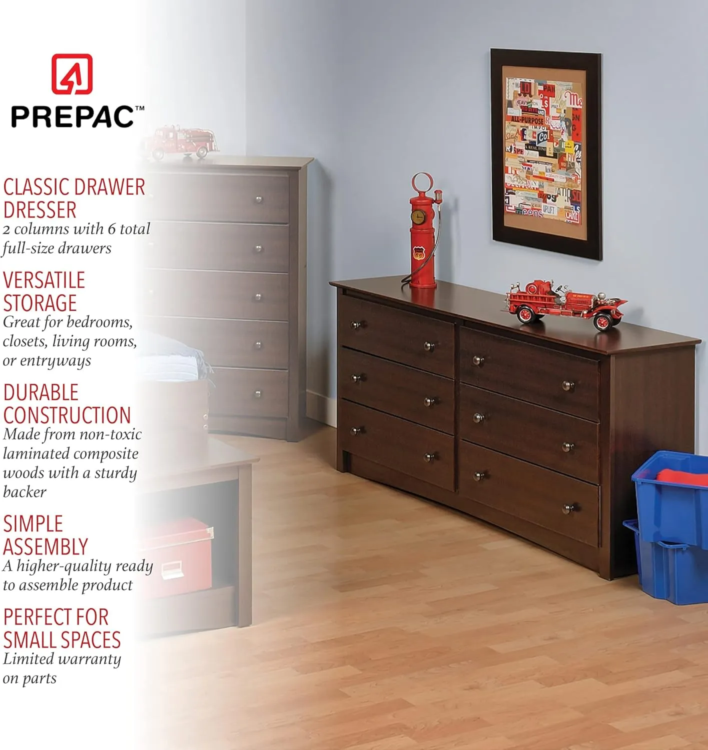 Prepac Stylish Flat Wood Panel Headboard for King Size Beds (EHFK-1301-1) Fremont 6 Drawer Double Dresser for Bedroom (EDC-6330-V)