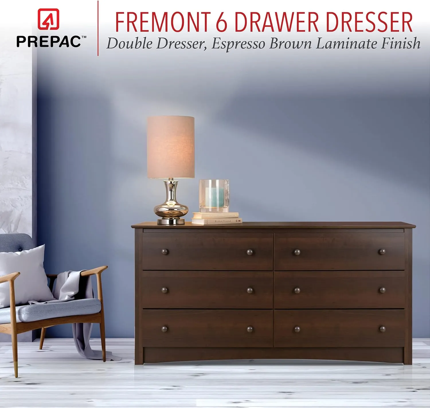 Prepac Stylish Flat Wood Panel Headboard for King Size Beds (EHFK-1301-1) Fremont 6 Drawer Double Dresser for Bedroom (EDC-6330-V)