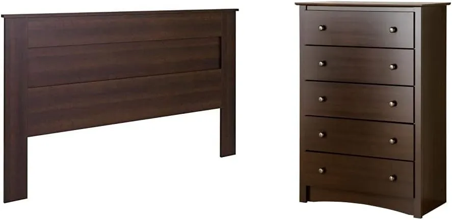 Prepac Stylish Flat Wood Panel Headboard for King Size Beds, Simplistic Wooden King Headboard (EHFK-1301-1) Fremont 5-Drawer Chest for Bedroom, Espresso
