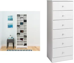 Prepac White Shoe Storage Cabinet with 36 Cubbies, 72.5" Tall x 6-Drawer White Dresser, 52" Tall Chest of Drawers