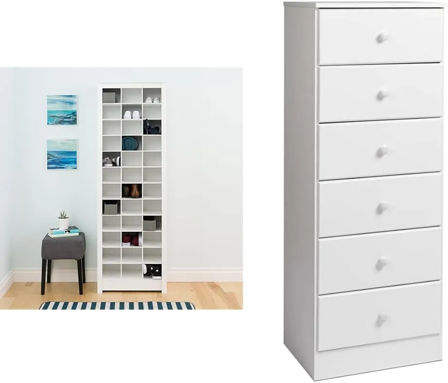 Prepac White Shoe Storage Cabinet with 36 Cubbies, 72.5" Tall x 6-Drawer White Dresser, 52" Tall Chest of Drawers