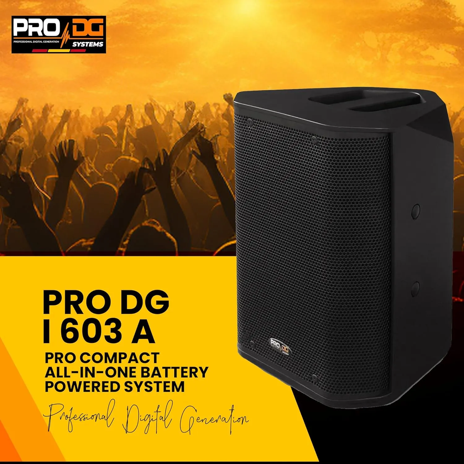 Pro DG i603A (600 Watts) Professional Portable and Compact All-in-One Battery-Powered Speaker System with Bluetooth TWS, 3-Channel Mixer, Effects, Rechargeable Battery (8 Hours) (Made in Spain)