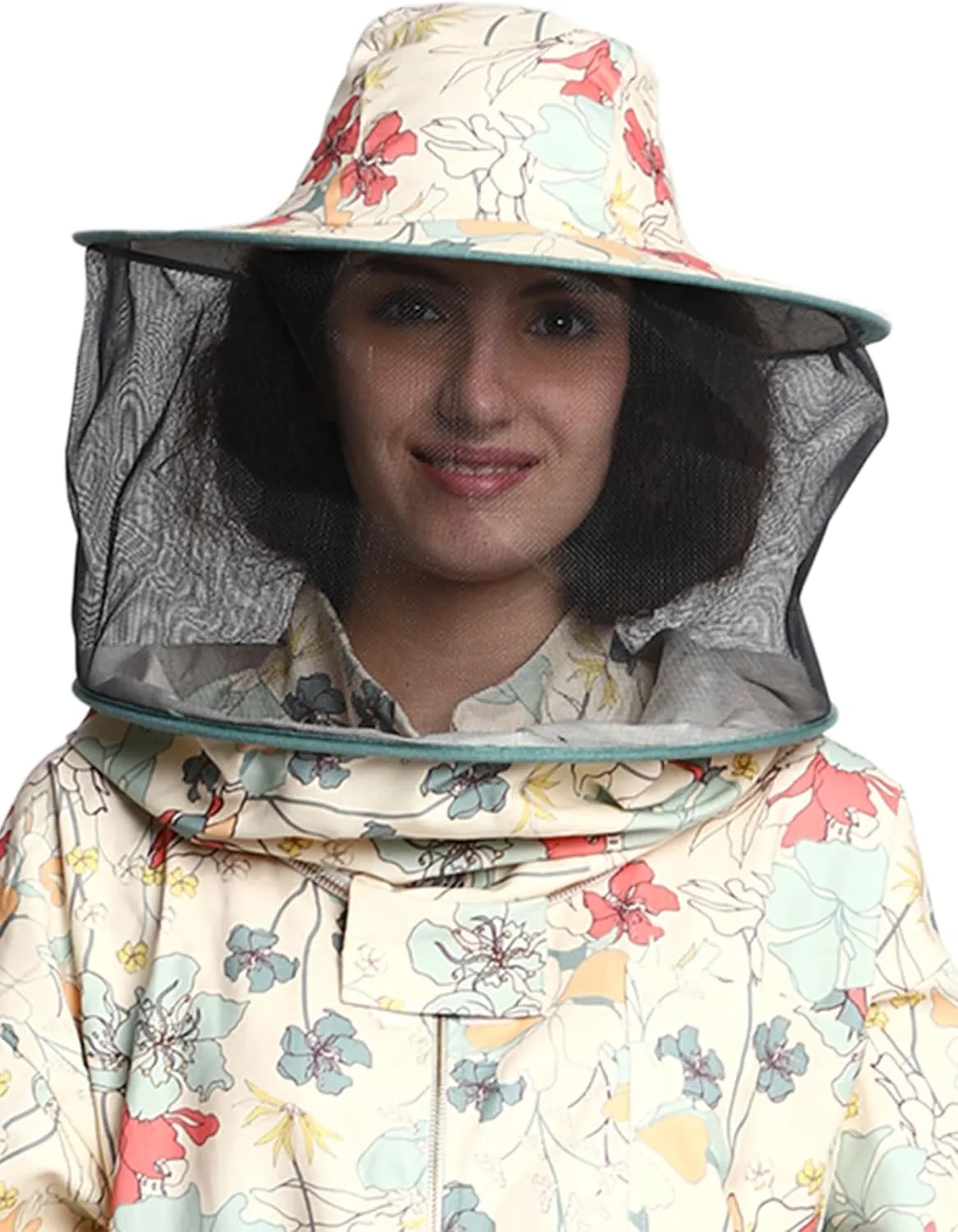 Professional Bee Suit for Women With Round Hood Veil- Thick Cotton Bee Suit Sting Proof Printer Green Floral