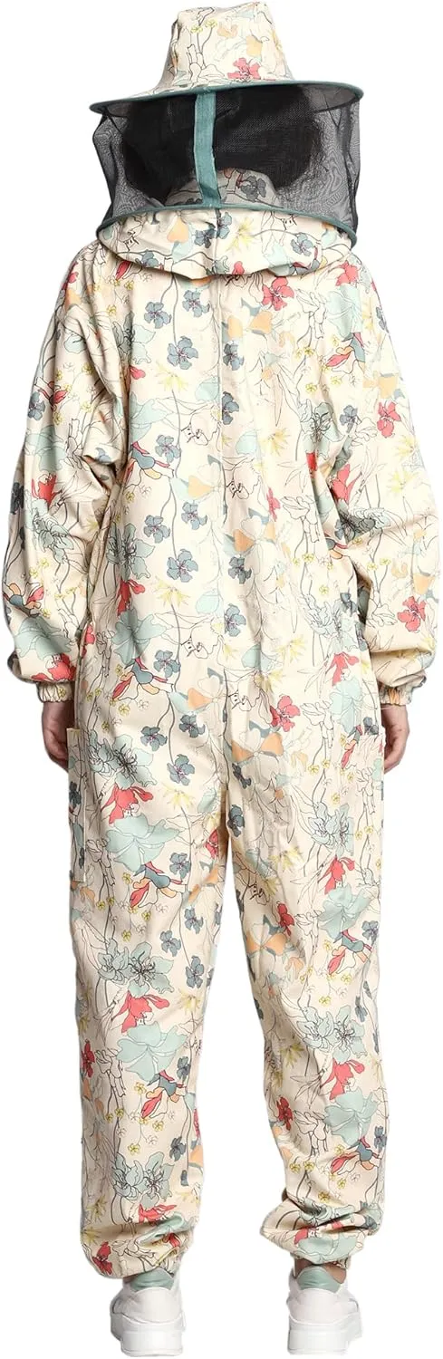 Professional Bee Suit for Women With Round Hood Veil- Thick Cotton Bee Suit Sting Proof Printer Green Floral