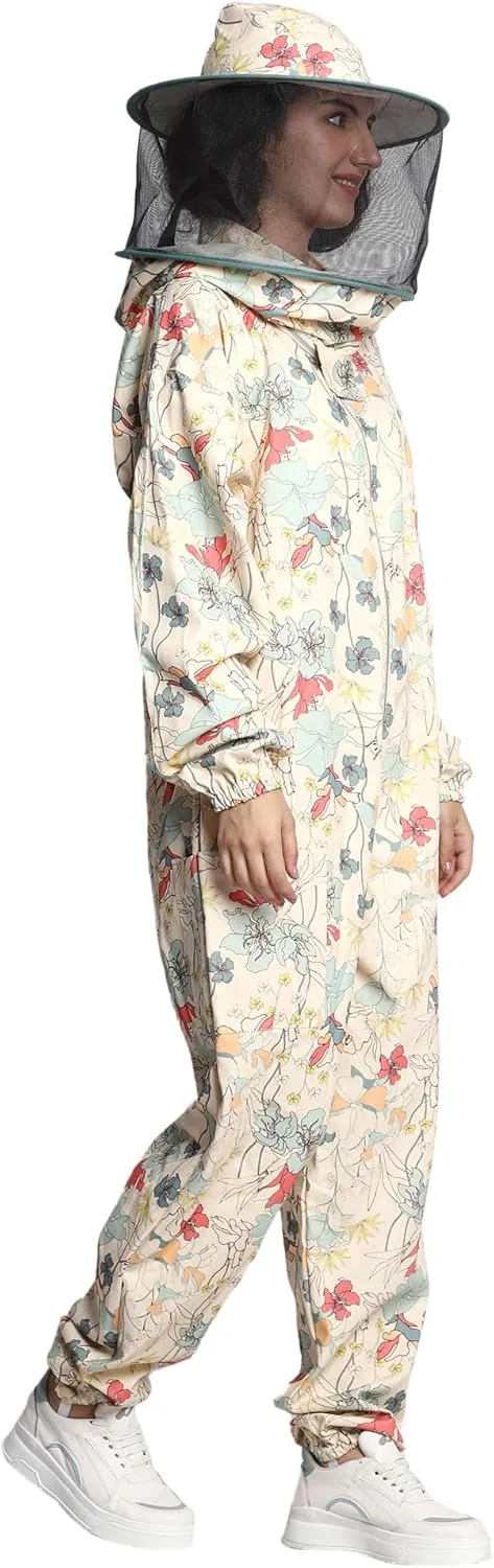 Professional Bee Suit for Women With Round Hood Veil- Thick Cotton Bee Suit Sting Proof Printer Green Floral