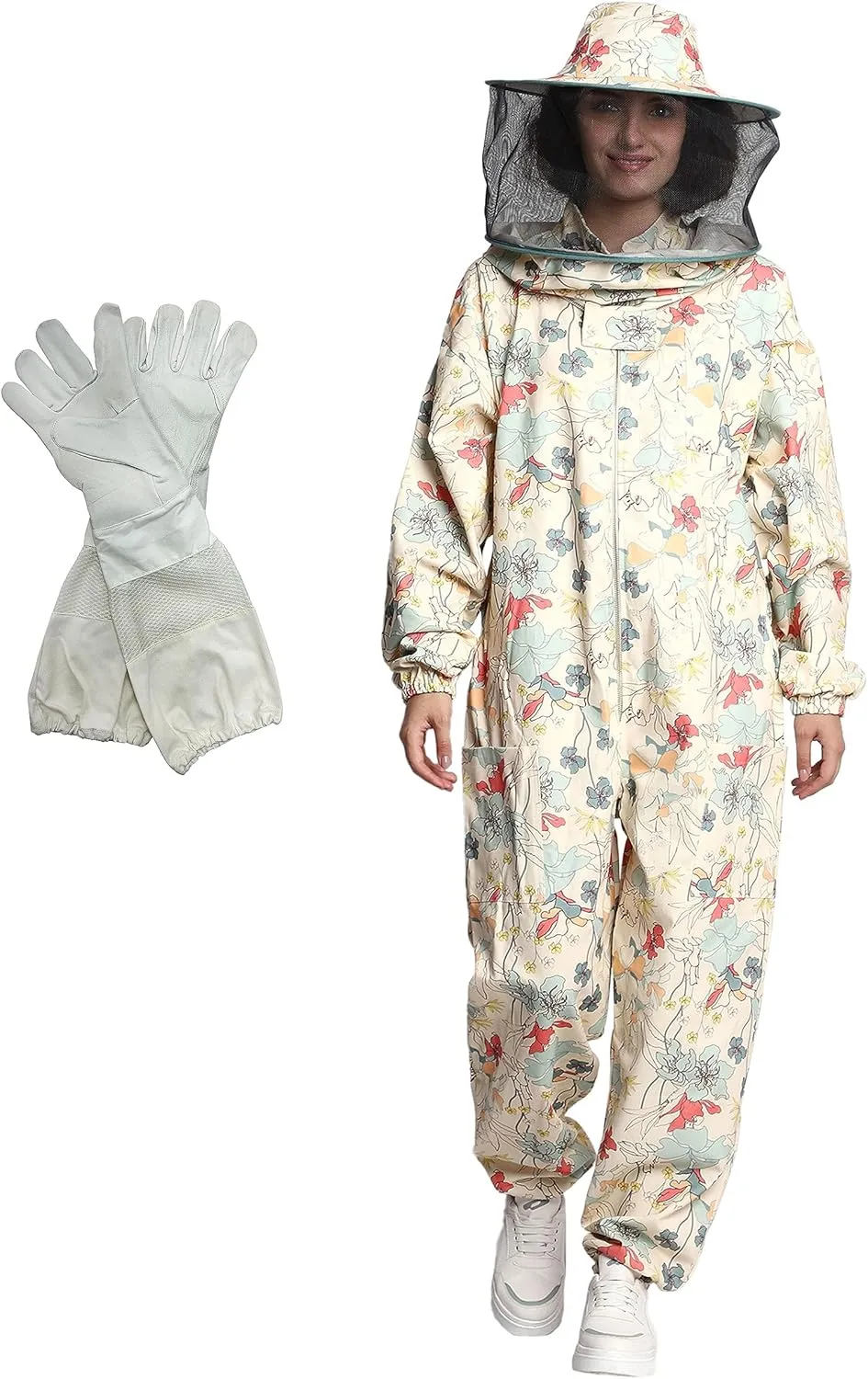 Professional Bee Suit for Women With Round Hood Veil- Thick Cotton Bee Suit Sting Proof Printer Green Floral