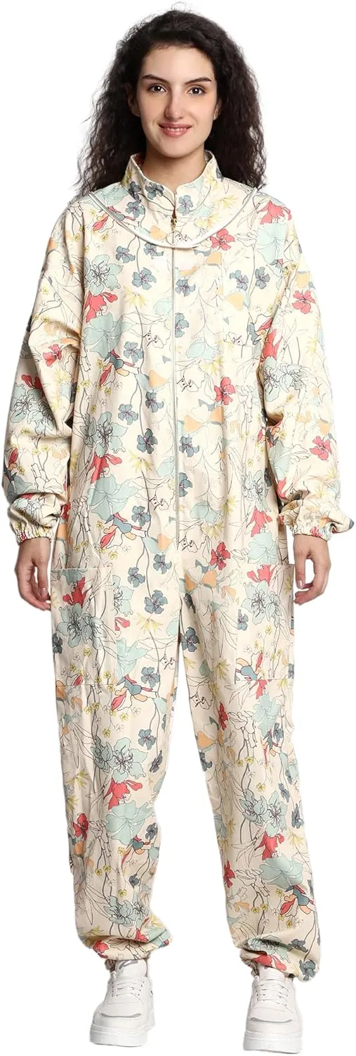 Professional Bee Suit for Women With Round Hood Veil- Thick Cotton Bee Suit Sting Proof Printer Green Floral