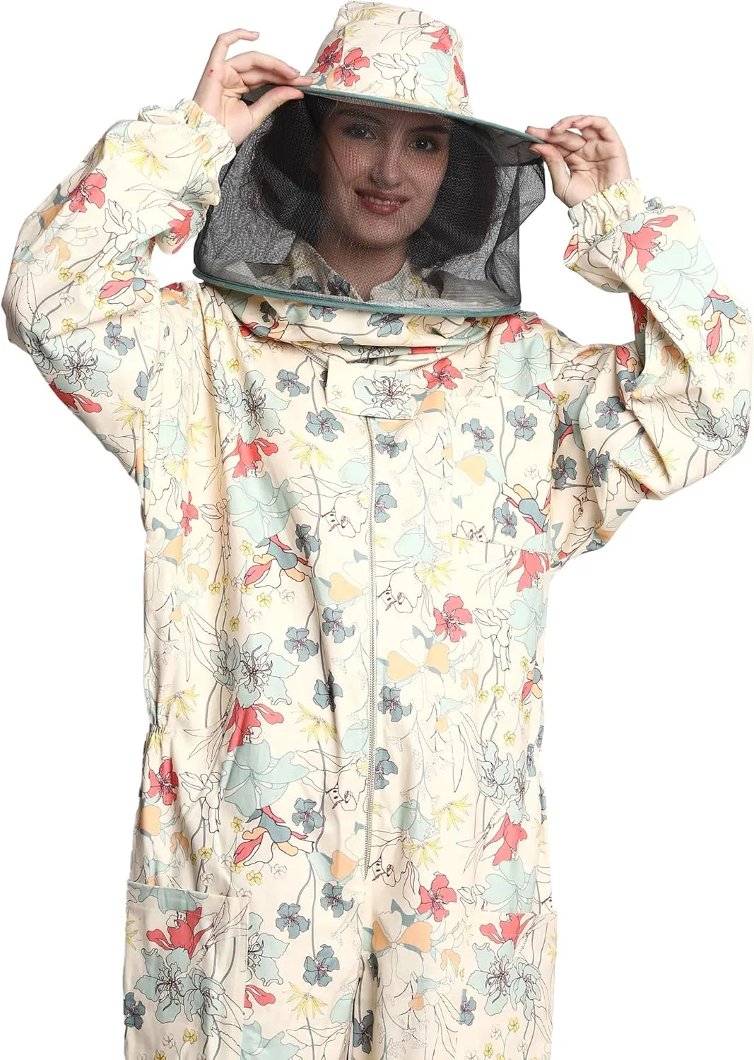 Professional Bee Suit for Women With Round Hood Veil- Thick Cotton Bee Suit Sting Proof Printer Green Floral