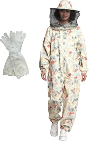 Professional Bee Suit for Women With Round Hood Veil- Thick Cotton Bee Suit Sting Proof Printer Green Floral