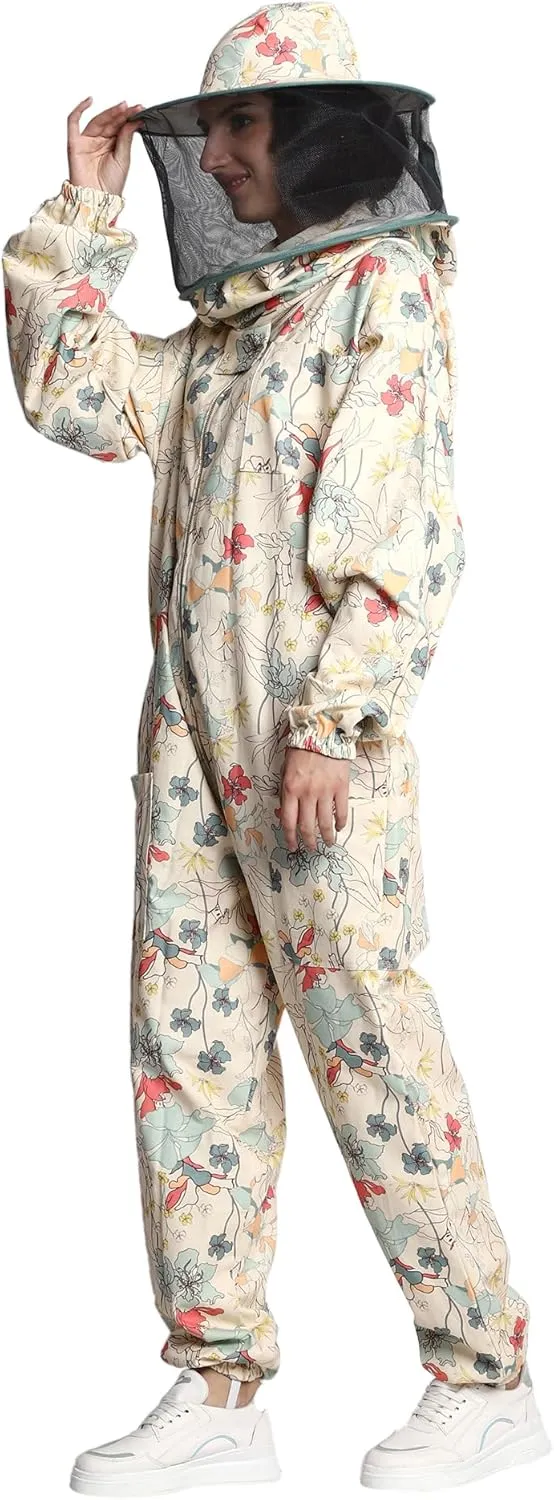 Professional Bee Suit for Women With Round Hood Veil- Thick Cotton Bee Suit Sting Proof Printer Green Floral