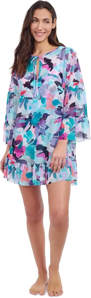 Profile by Gottex Holi Women's Multi Abstract Print Mesh Swim Dress Lightweight Cover-Up with Flounce and 3/4 Sleeves