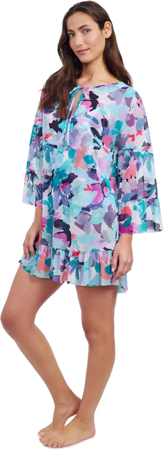 Profile by Gottex Holi Women's Multi Abstract Print Mesh Swim Dress Lightweight Cover-Up with Flounce and 3/4 Sleeves