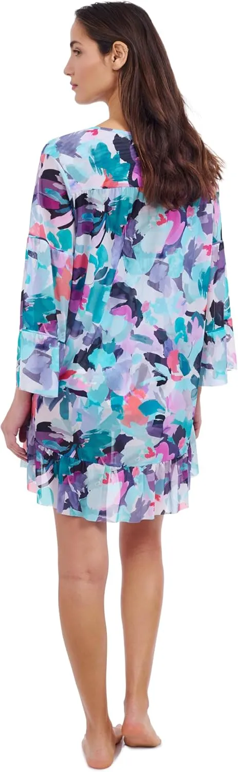 Profile by Gottex Holi Women's Multi Abstract Print Mesh Swim Dress Lightweight Cover-Up with Flounce and 3/4 Sleeves