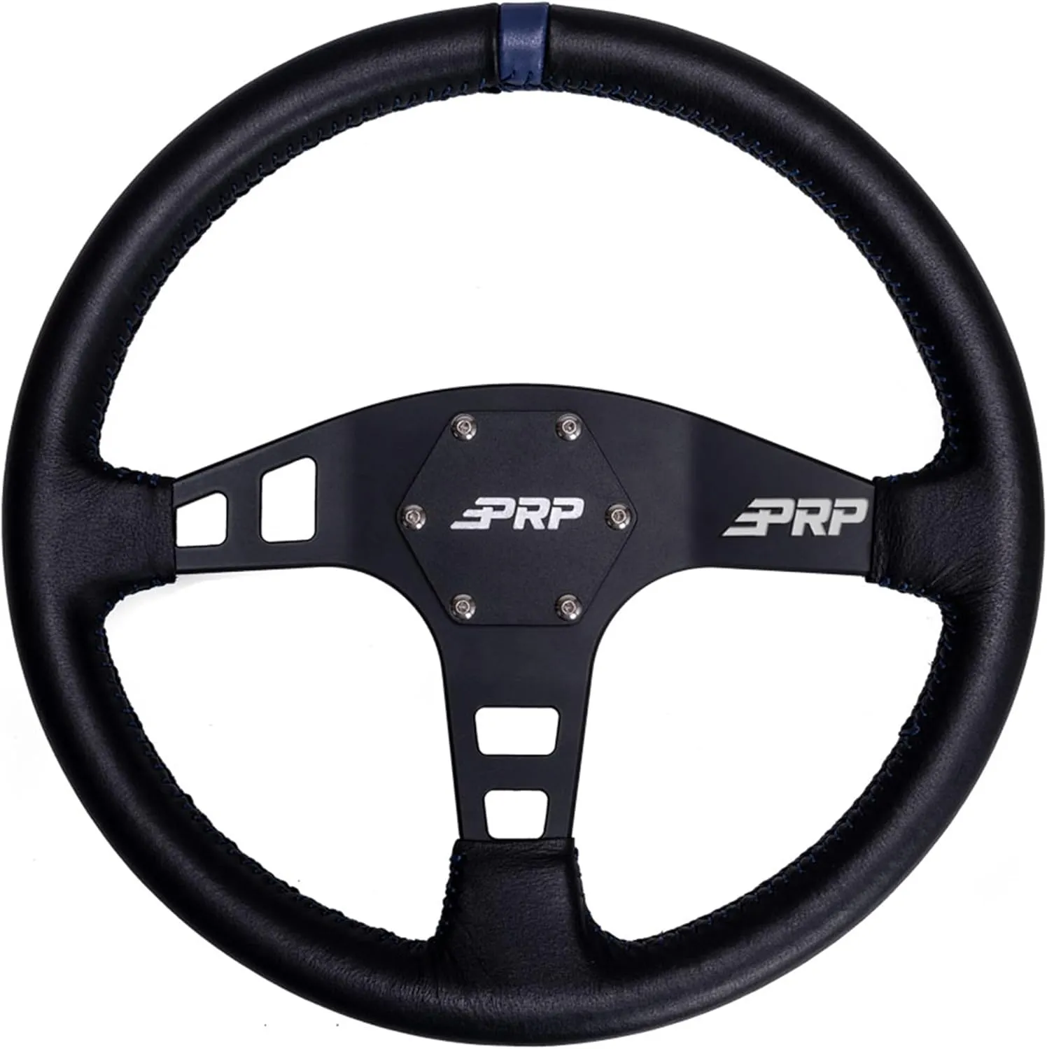 PRP Seats Flat Leather Grip Steering Wheel for Off-Road Racing, High-Strength Aluminum, Matte Black Finish, Universal 6 Point Bolt Pattern, 13" x 1.5" Dish (Blue)