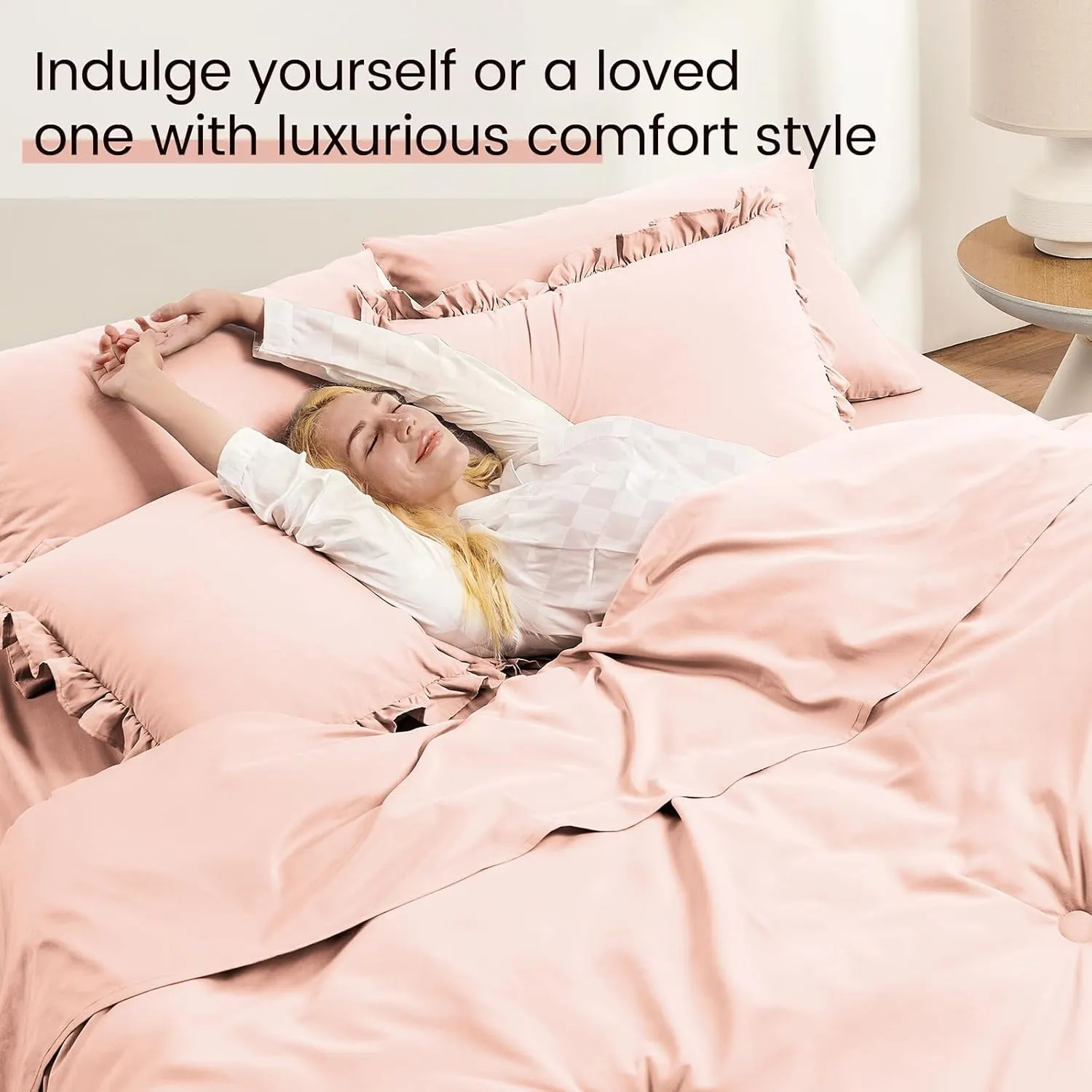 QUIETSEA California King Bed in a Bag 7 Pieces Cal King Comforter Set, Ruffle Shabby Chic Bedding Comforter Set Pink Bed Set with Comforter, Pillowcases, Flat Sheet, Fitted Sheet and Pillow Shams