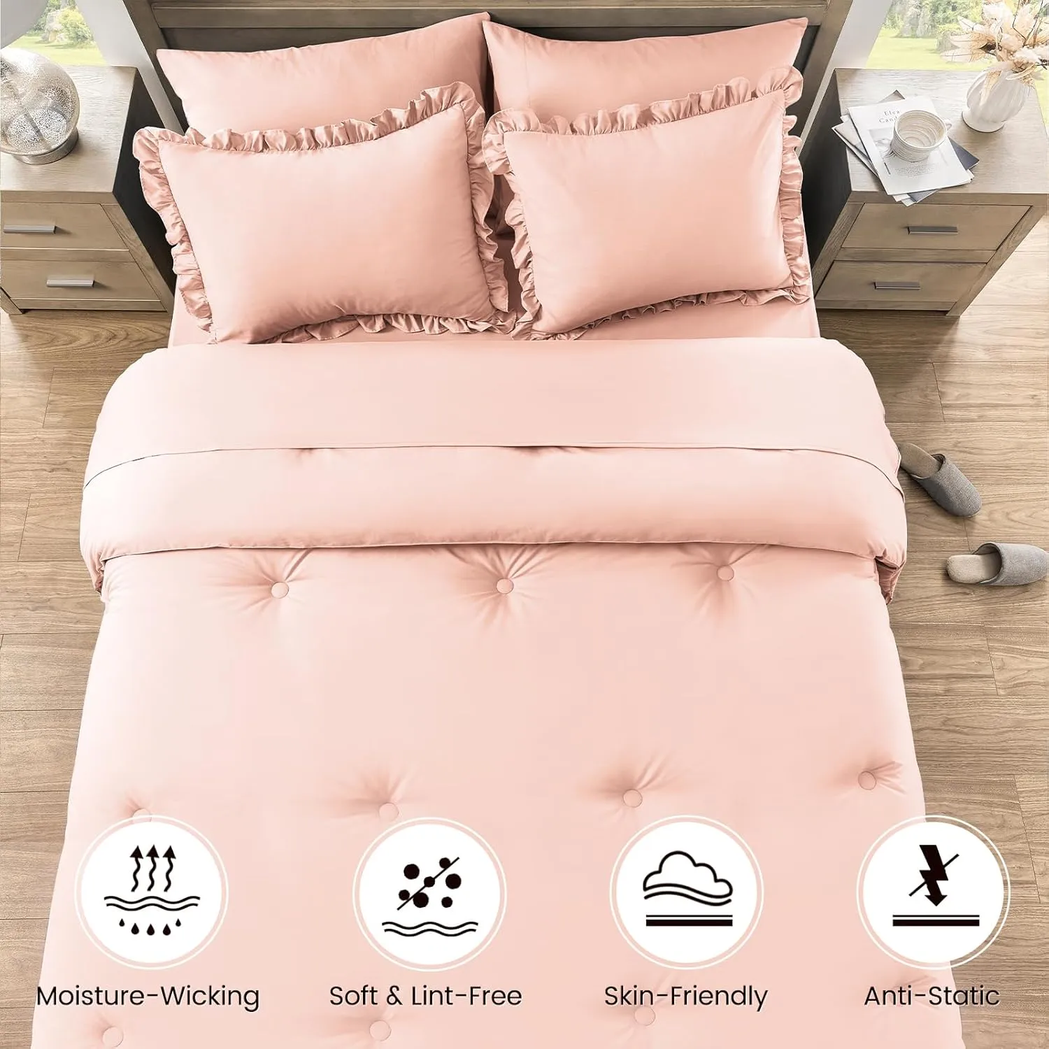 QUIETSEA California King Bed in a Bag 7 Pieces Cal King Comforter Set, Ruffle Shabby Chic Bedding Comforter Set Pink Bed Set with Comforter, Pillowcases, Flat Sheet, Fitted Sheet and Pillow Shams