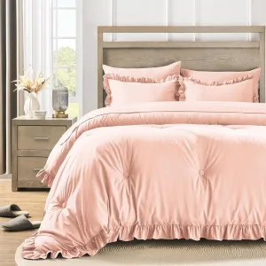 QUIETSEA California King Bed in a Bag 7 Pieces Cal King Comforter Set, Ruffle Shabby Chic Bedding Comforter Set Pink Bed Set with Comforter, Pillowcases, Flat Sheet, Fitted Sheet and Pillow Shams