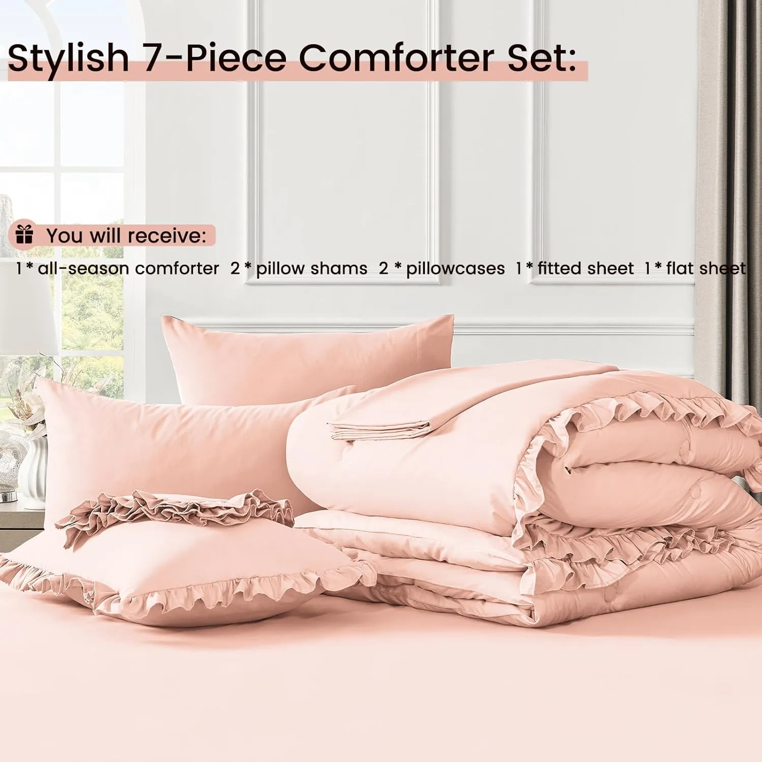 QUIETSEA California King Bed in a Bag 7 Pieces Cal King Comforter Set, Ruffle Shabby Chic Bedding Comforter Set Pink Bed Set with Comforter, Pillowcases, Flat Sheet, Fitted Sheet and Pillow Shams