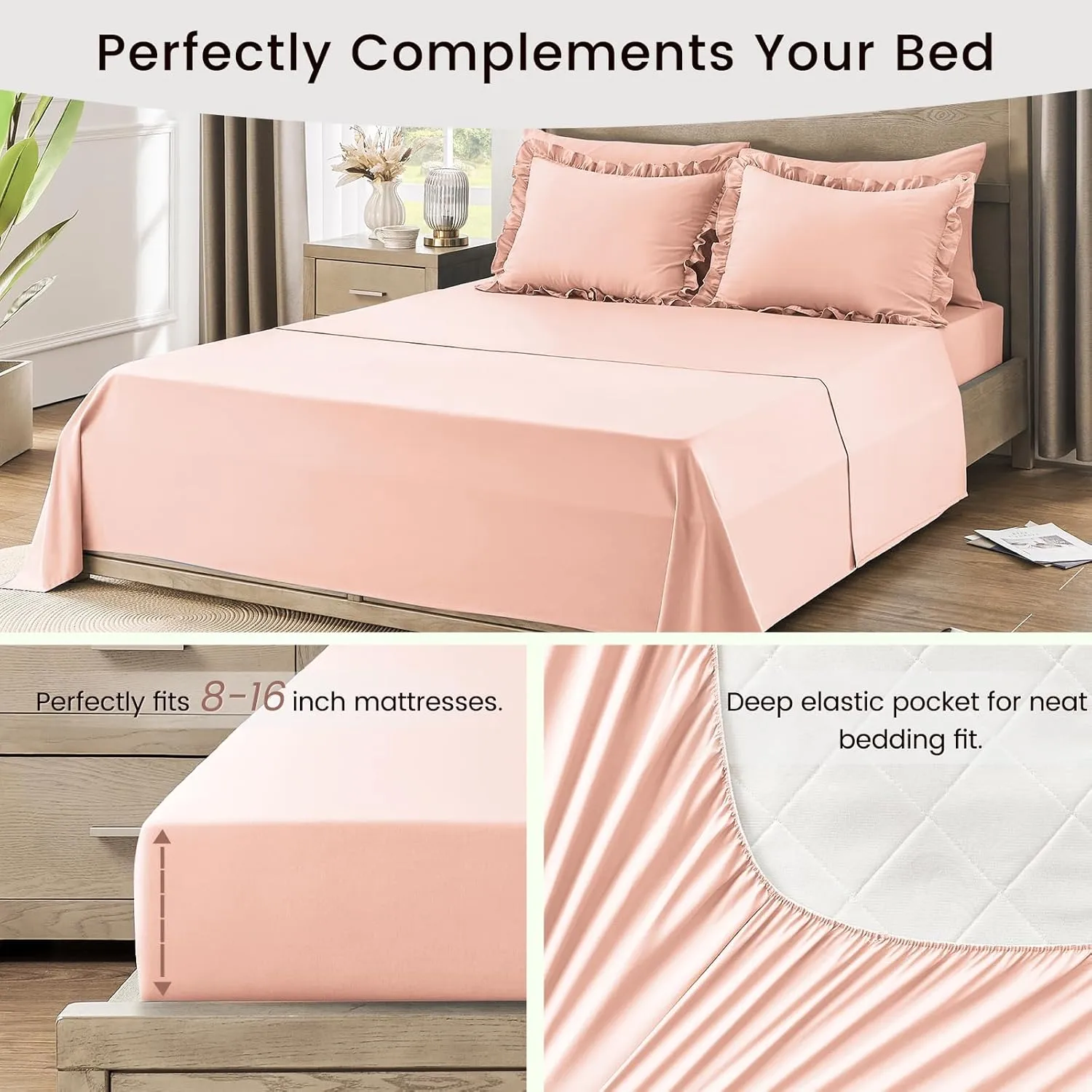 QUIETSEA California King Bed in a Bag 7 Pieces Cal King Comforter Set, Ruffle Shabby Chic Bedding Comforter Set Pink Bed Set with Comforter, Pillowcases, Flat Sheet, Fitted Sheet and Pillow Shams