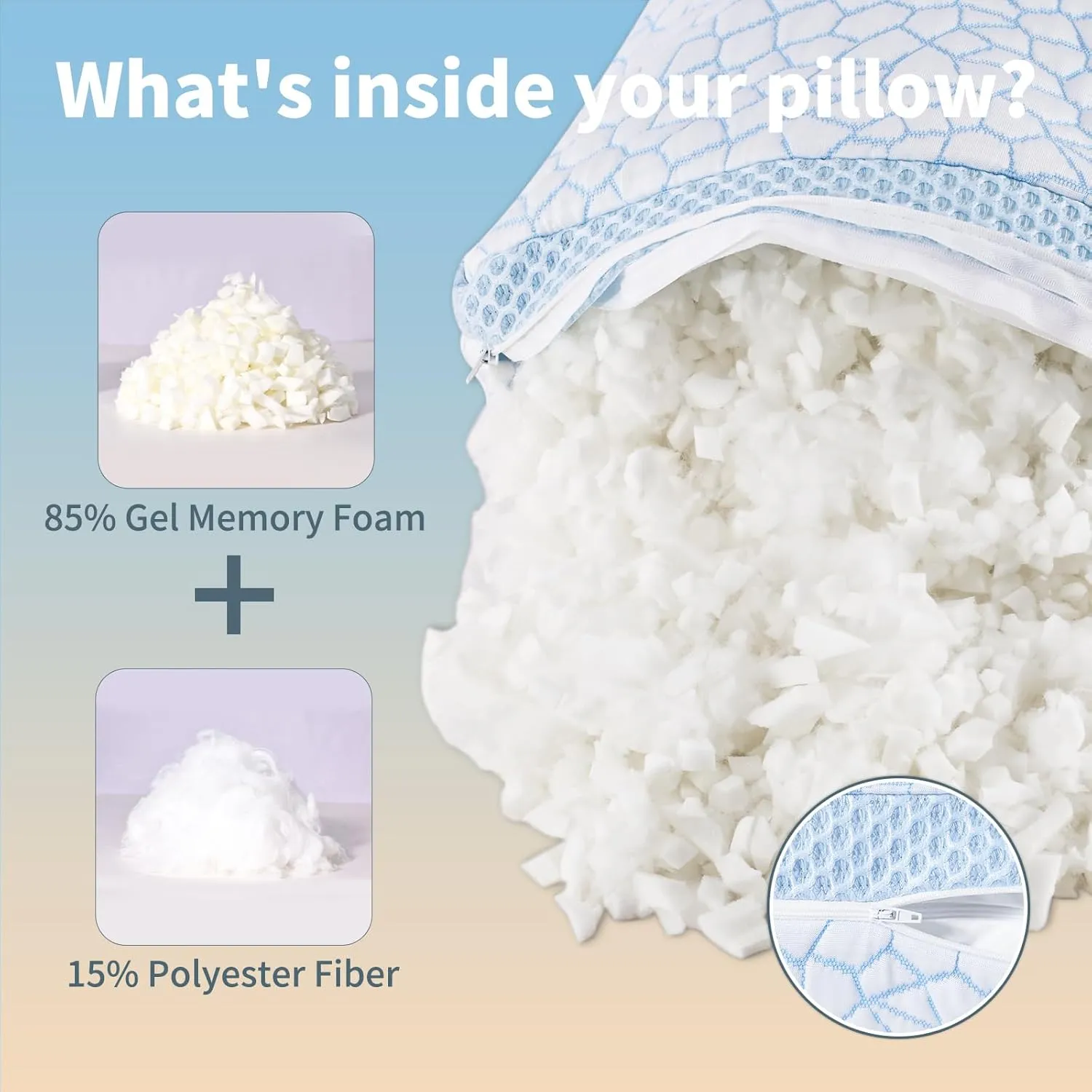 QUTOOL Cooling Pillows for Sleeping,Shredded Memory Foam Pillows King Size Set of 1,Adjustable Soft & Firm Gel Bed Pillow for Side, Back, Stomach Sleepers
