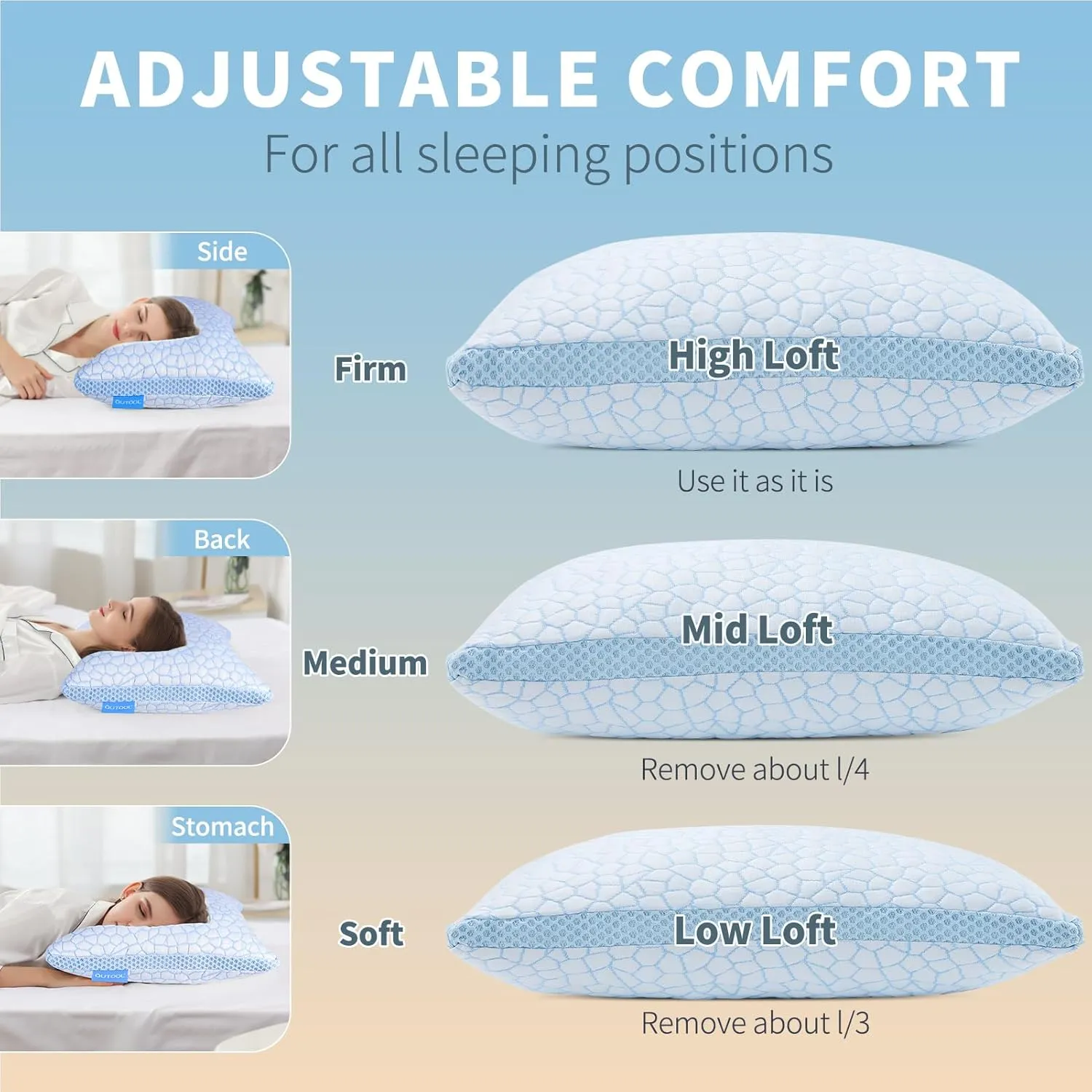 QUTOOL Cooling Pillows for Sleeping,Shredded Memory Foam Pillows King Size Set of 1,Adjustable Soft & Firm Gel Bed Pillow for Side, Back, Stomach Sleepers