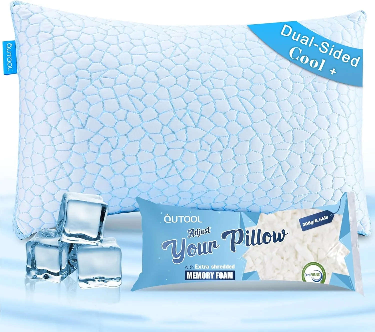 QUTOOL Cooling Pillows for Sleeping,Shredded Memory Foam Pillows King Size Set of 1,Adjustable Soft & Firm Gel Bed Pillow for Side, Back, Stomach Sleepers