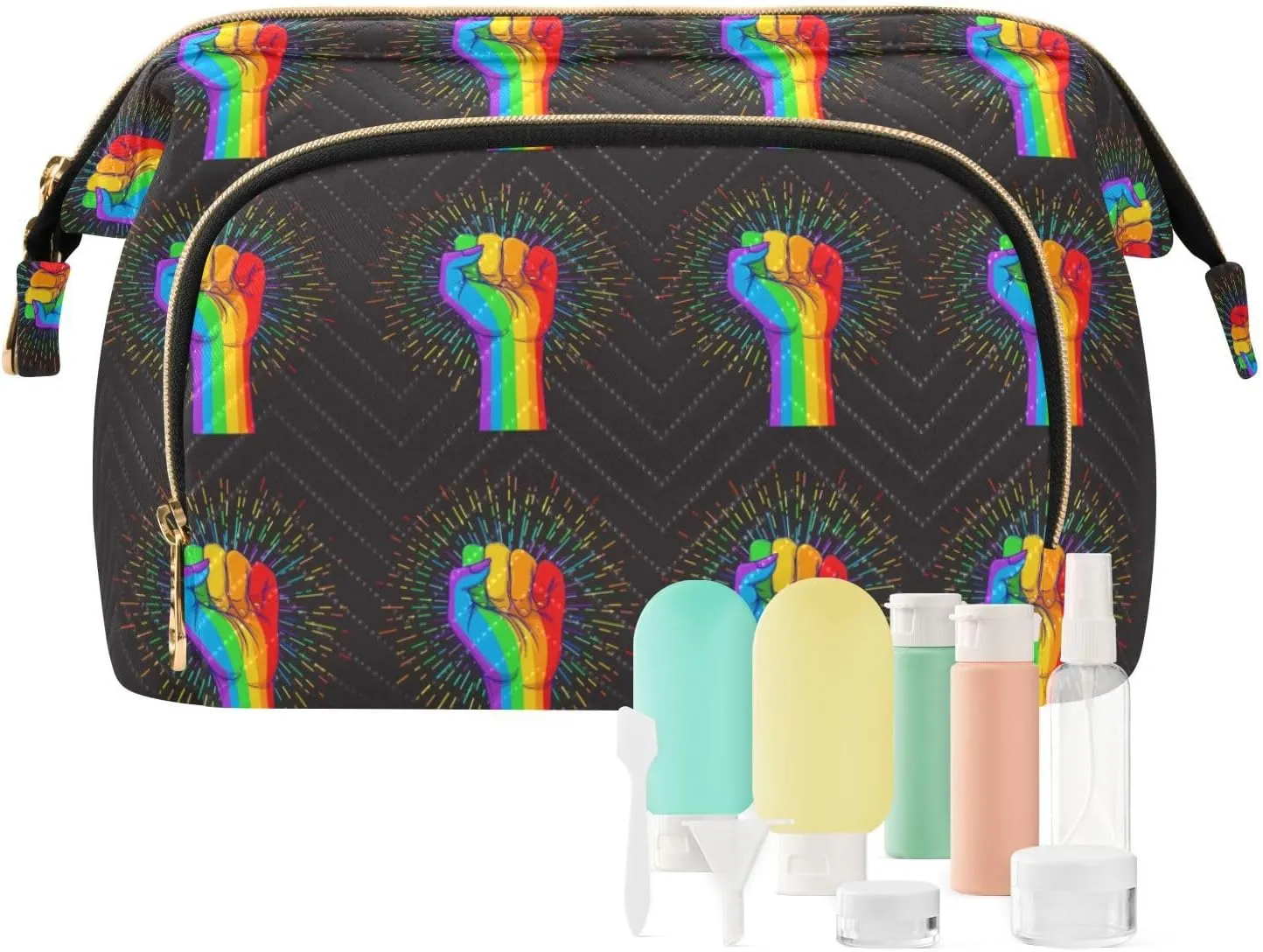 Rainbow Fist Raised on Black Style Women Cosmetic Bag Makeup Bag Stylish Trip Beauty Bag Travel Toiletry Bag with Bottle Organizer 10.2 x 5.9 x 6.7 inch