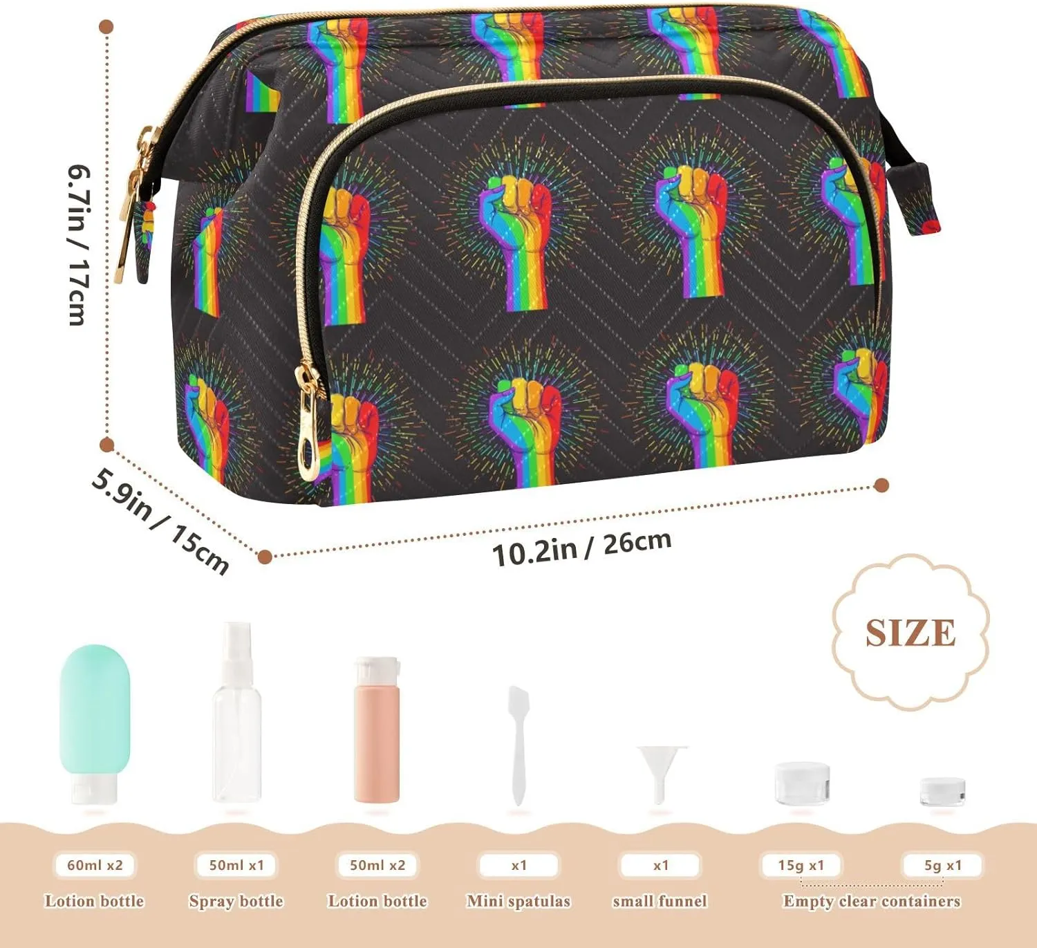 Rainbow Fist Raised on Black Style Women Cosmetic Bag Makeup Bag Stylish Trip Beauty Bag Travel Toiletry Bag with Bottle Organizer 10.2 x 5.9 x 6.7 inch
