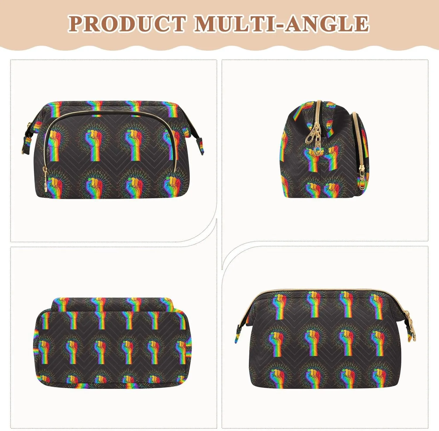 Rainbow Fist Raised on Black Style Women Cosmetic Bag Makeup Bag Stylish Trip Beauty Bag Travel Toiletry Bag with Bottle Organizer 10.2 x 5.9 x 6.7 inch