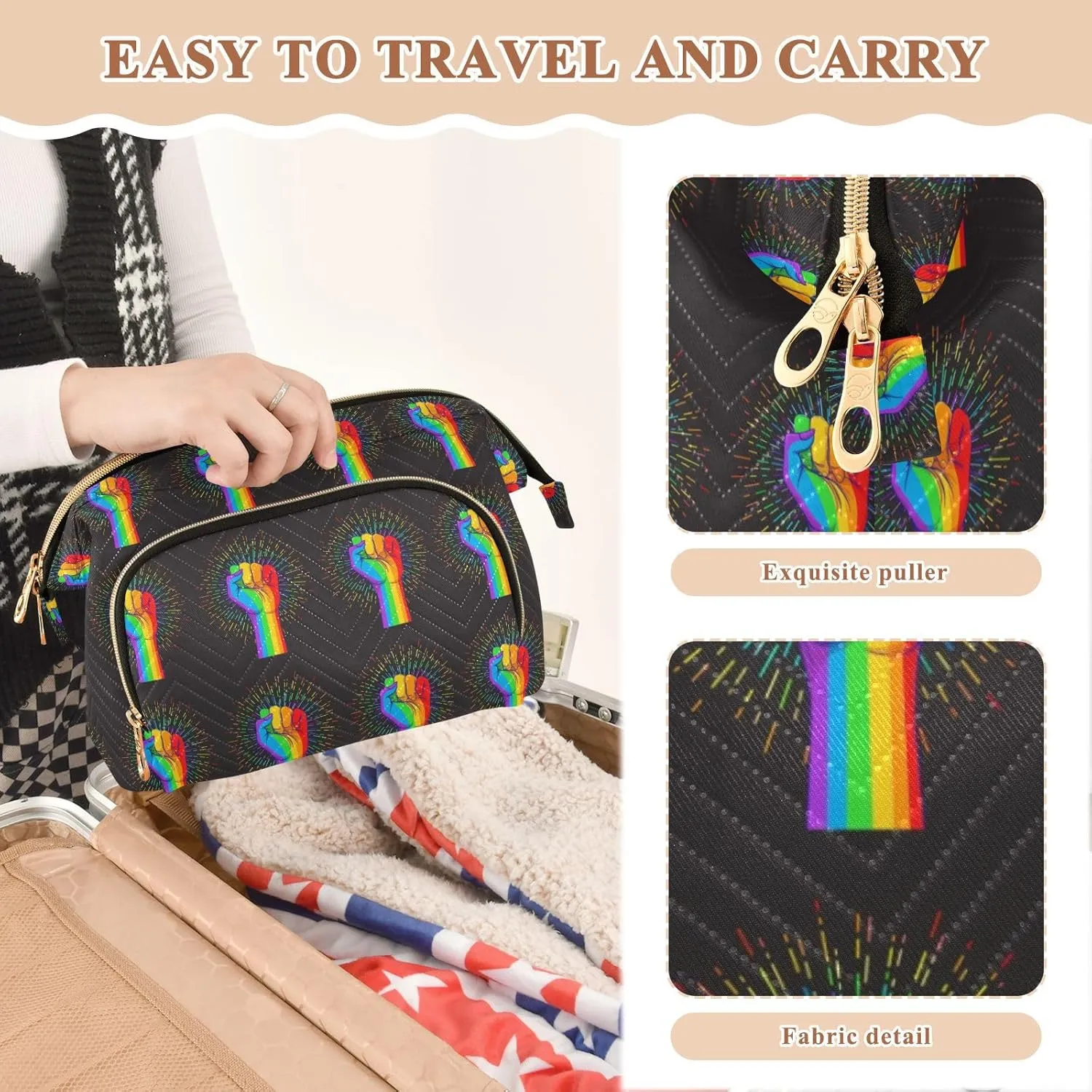 Rainbow Fist Raised on Black Style Women Cosmetic Bag Makeup Bag Stylish Trip Beauty Bag Travel Toiletry Bag with Bottle Organizer 10.2 x 5.9 x 6.7 inch