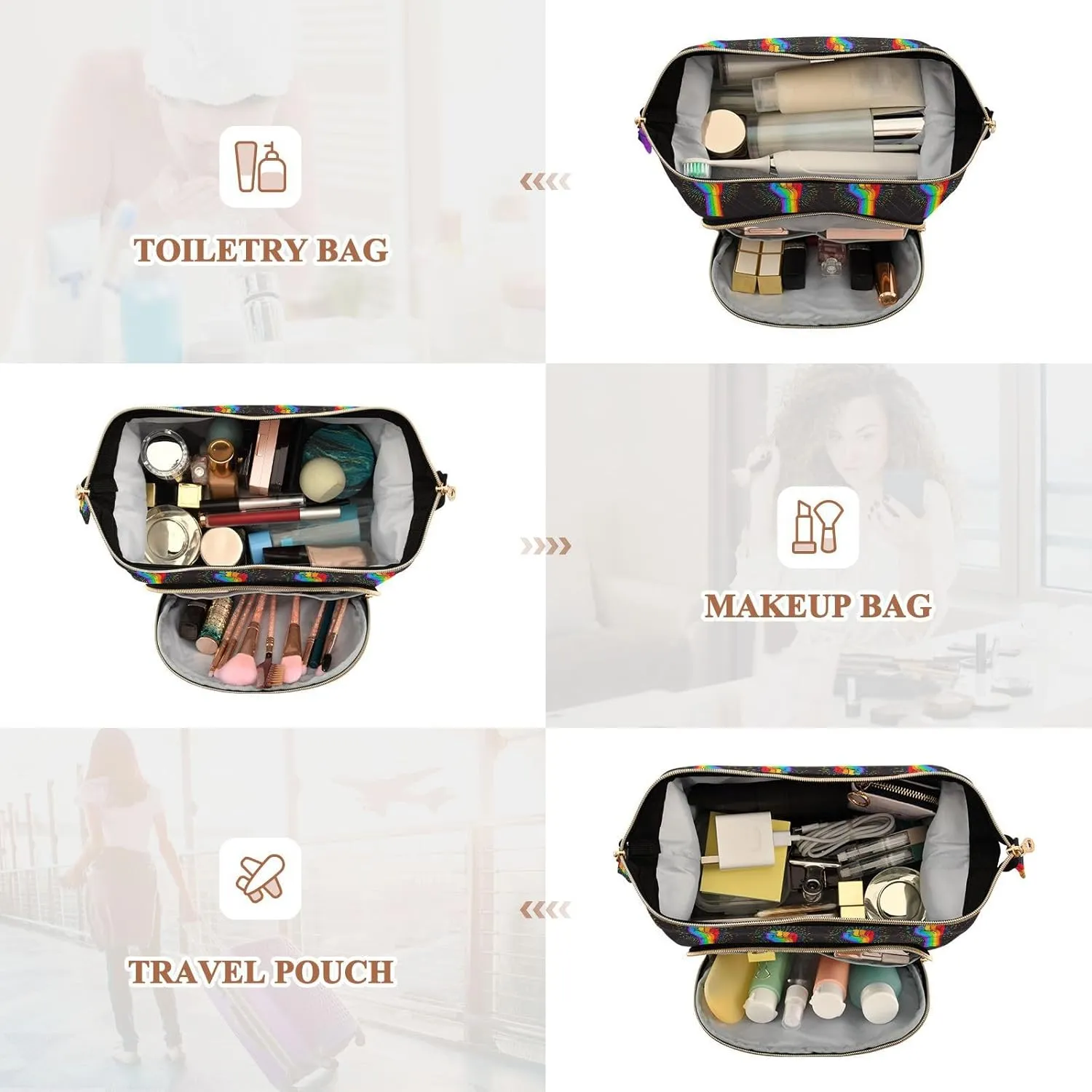 Rainbow Fist Raised on Black Style Women Cosmetic Bag Makeup Bag Stylish Trip Beauty Bag Travel Toiletry Bag with Bottle Organizer 10.2 x 5.9 x 6.7 inch