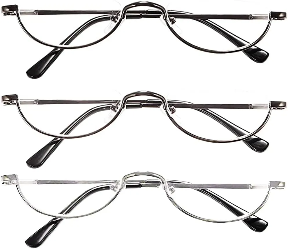 REAVEE 3-Pack Retro Designer Alloy Half Moon Reading Glasses Women Men Half Frame Spring Hinge Stylish Slim Reader with Pouch,Black,Grey and Silver,1.0