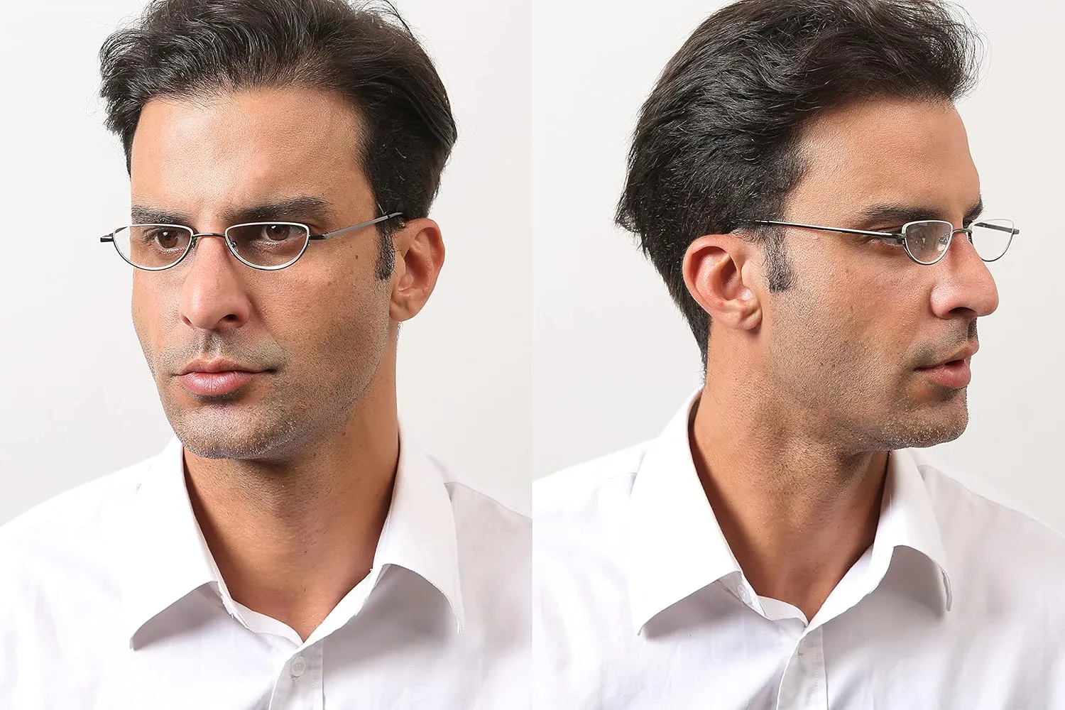 REAVEE 3-Pack Retro Designer Alloy Half Moon Reading Glasses Women Men Half Frame Spring Hinge Stylish Slim Reader with Pouch,Black,Grey and Silver,1.0