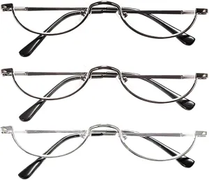 REAVEE 3-Pack Retro Designer Alloy Half Moon Reading Glasses Women Men Half Frame Spring Hinge Stylish Slim Reader with Pouch,Black,Grey and Silver,1.0