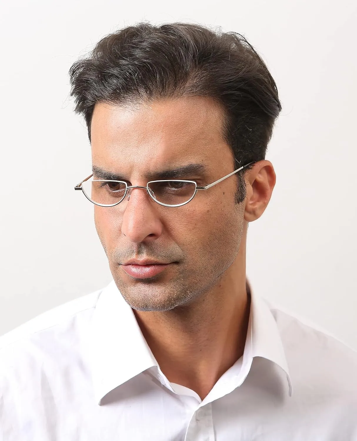 REAVEE 3-Pack Retro Designer Alloy Half Moon Reading Glasses Women Men Half Frame Spring Hinge Stylish Slim Reader with Pouch,Black,Grey and Silver,1.0
