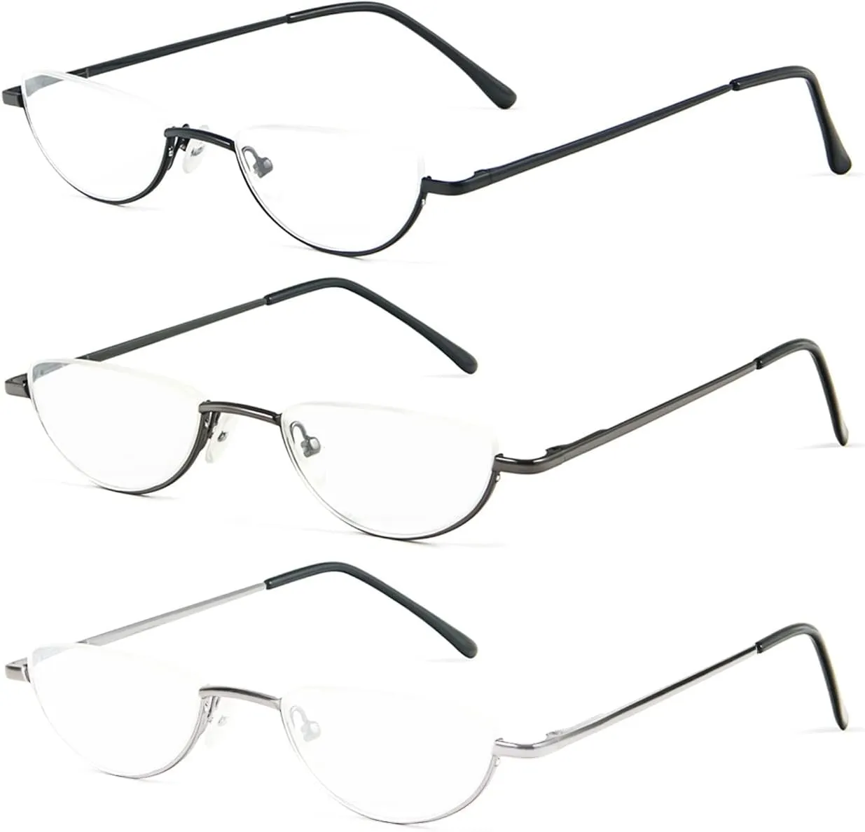 REAVEE 3-Pack Retro Designer Alloy Half Moon Reading Glasses Women Men Half Frame Spring Hinge Stylish Slim Reader with Pouch,Black,Grey and Silver,1.0