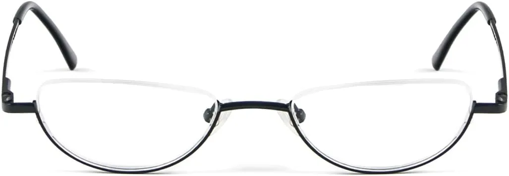 REAVEE 4 Pack Retro Designer Alloy Half Moon Reading Glasses Women Men Half Frame Spring Hinge Stylish Slim Reader with Pouch,Black 1.0