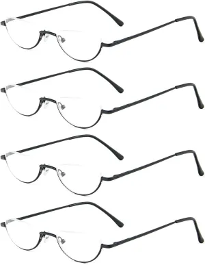 REAVEE 4 Pack Retro Designer Alloy Half Moon Reading Glasses Women Men Half Frame Spring Hinge Stylish Slim Reader with Pouch,Black 1.0