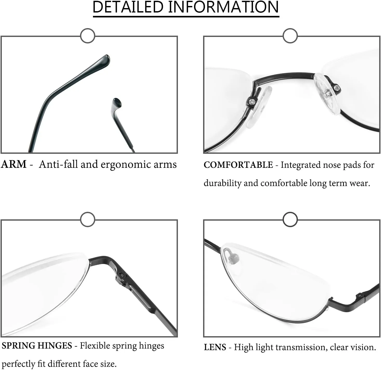 REAVEE 4 Pack Retro Designer Alloy Half Moon Reading Glasses Women Men Half Frame Spring Hinge Stylish Slim Reader with Pouch,Black 1.0
