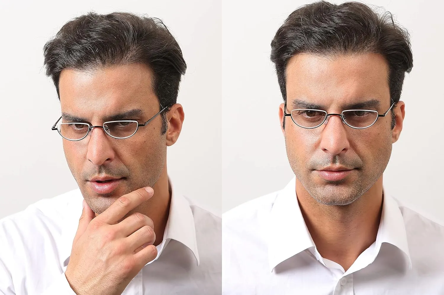 REAVEE 4 Pack Retro Designer Alloy Half Moon Reading Glasses Women Men Half Frame Spring Hinge Stylish Slim Reader with Pouch,Black 1.0