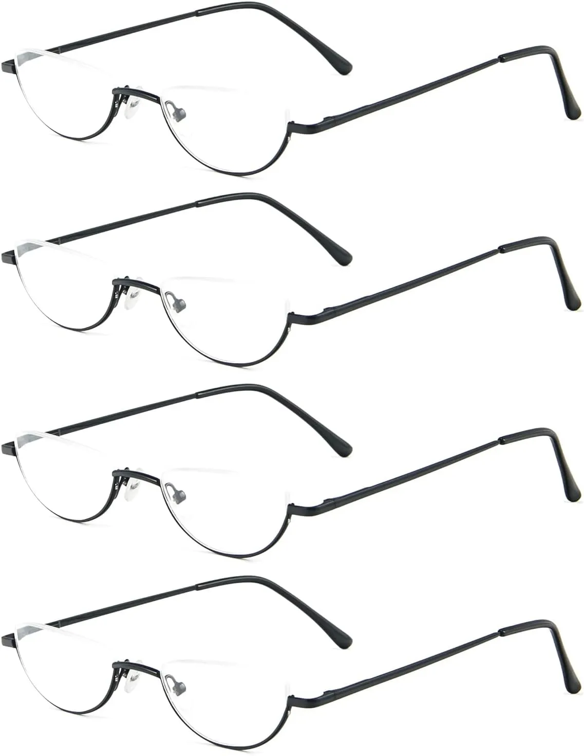 REAVEE 4 Pack Retro Designer Alloy Half Moon Reading Glasses Women Men Half Frame Spring Hinge Stylish Slim Reader with Pouch,Black 1.0