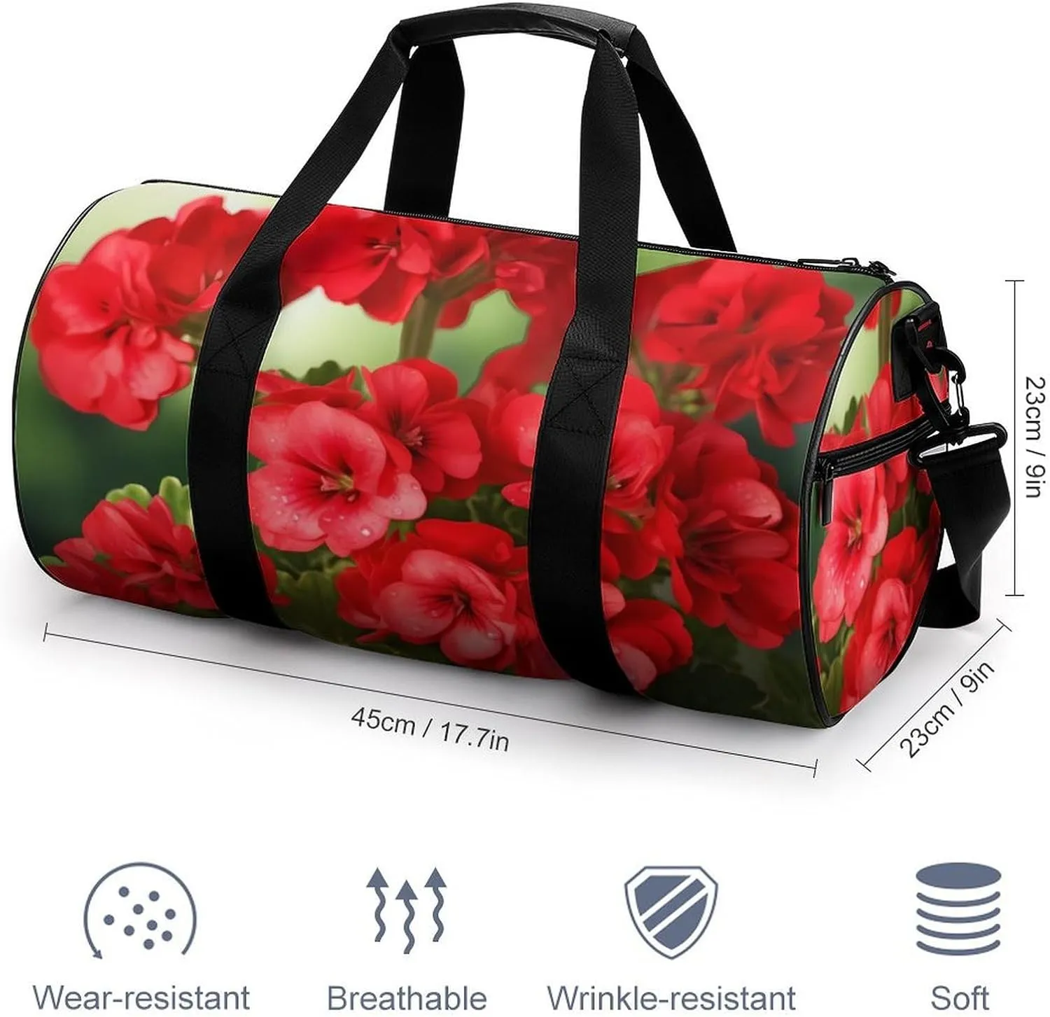 Red Geraniums Duffel Bag for Men Women Gym Bag Sports Small Overnight Bag for Travel Weekender, 17.7in/9in/9in, XB0606009